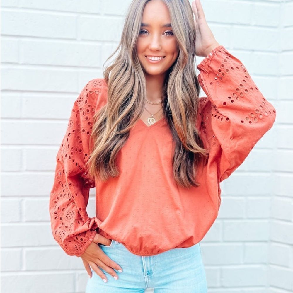 Cielo Swiss dot and eyelet blouse terracotta orange size small medium